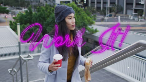 animation of work it text over asian woman with takeaway coffee