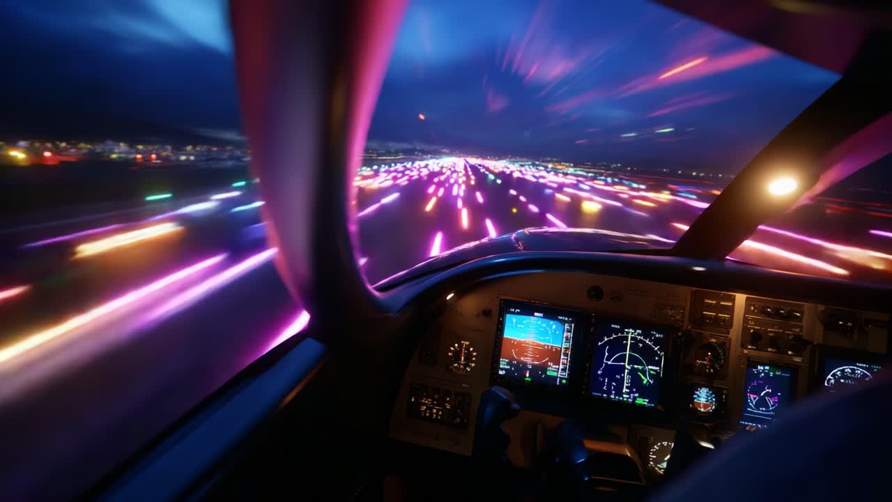 Captivating View from the Cockpit as the Aircraft Approaches the Runway, Illuminated with Vibrant Multi-Colored Lights, Creating a Stunning Nighttime Landing Experience for Pilots and Passengers
