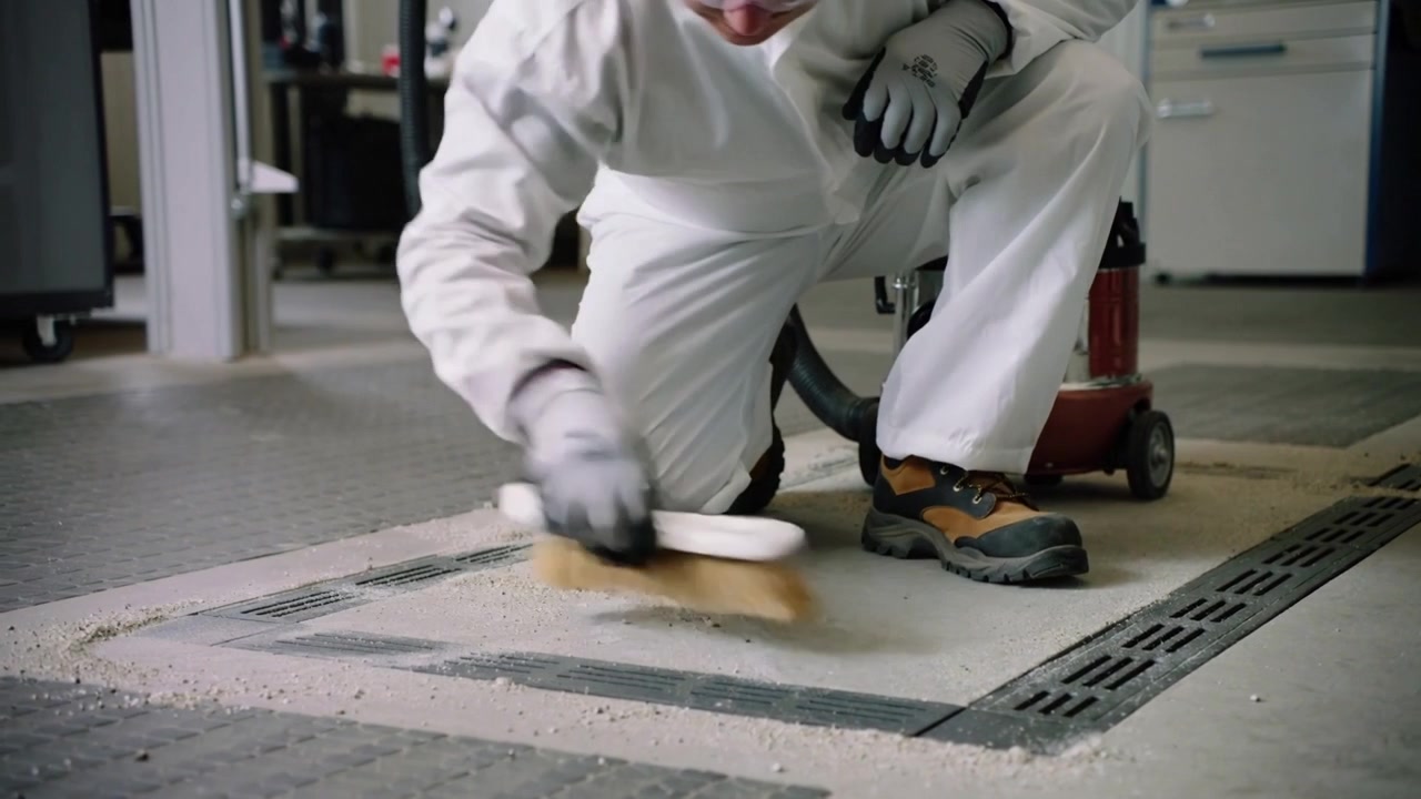 Placing brush, tech in coveralls kneeling in workshop sweeping debris toward drain to clean, vacuum