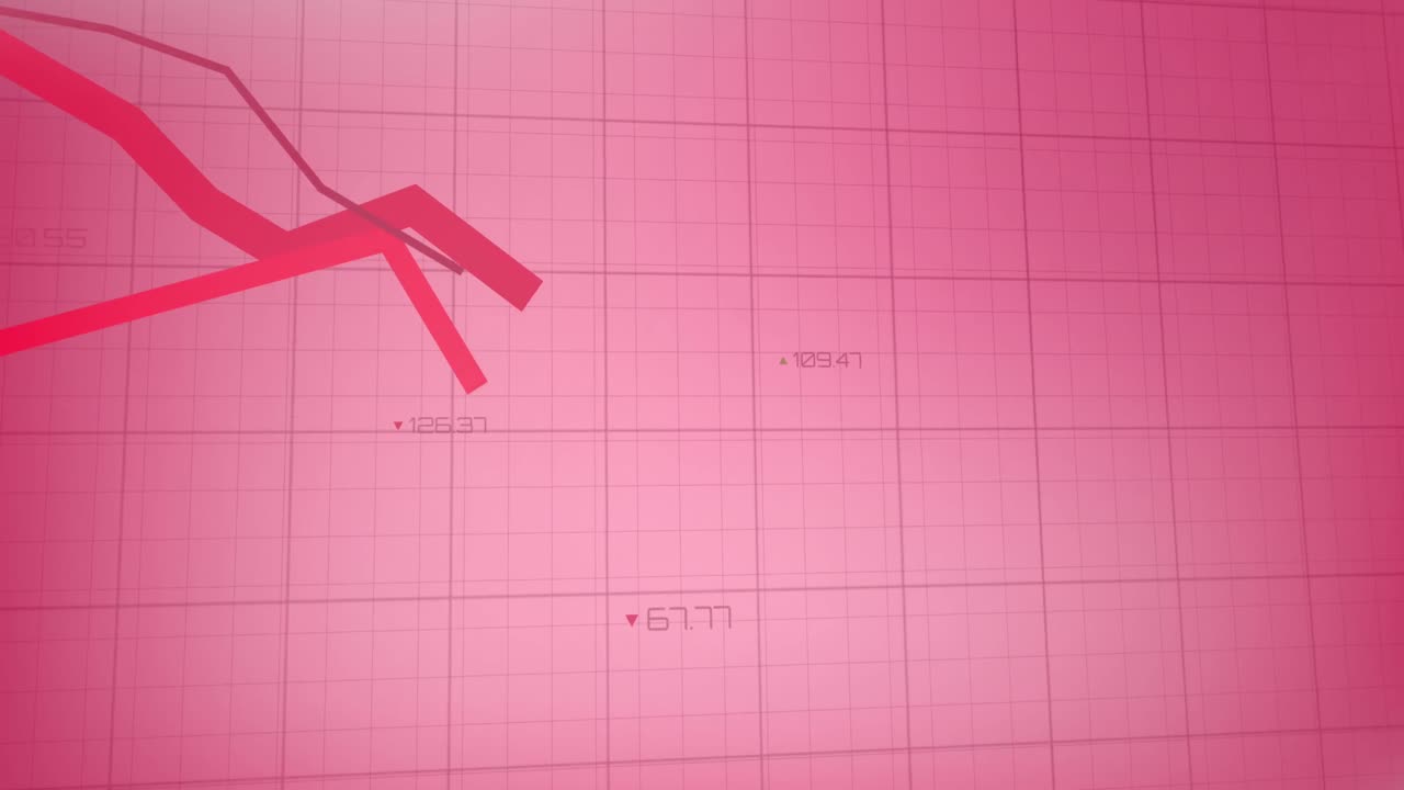 Animation of statistical data processing over grid network against pink gradient background