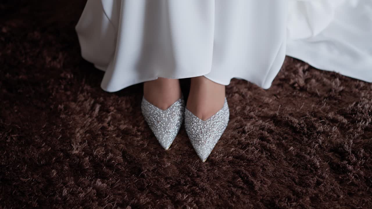 Sparkling bridal shoes under a white dress on a plush brown carpet in Vienna Schönbrunn