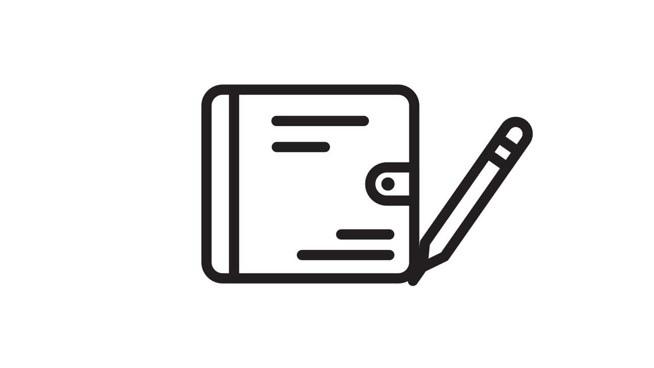 Animazione di scrittura con penna su icona di taccuino, isolata su sfondo bianco.