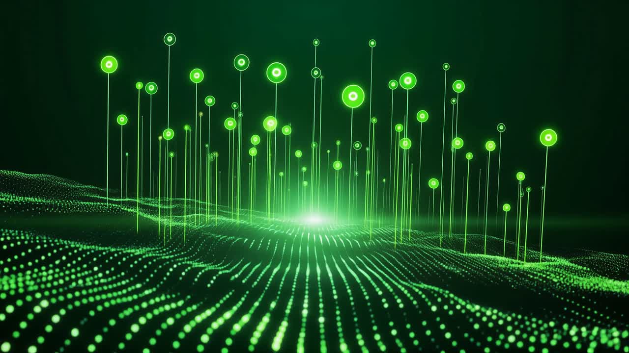 Abstract Green Digital Landscape with Rising Data Points