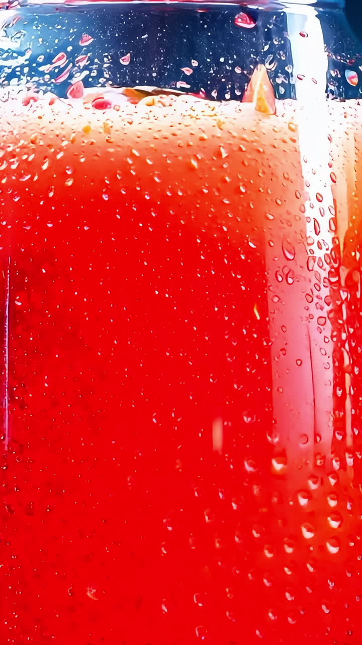 Refreshing Strawberry Citrus Drink Prepared With Fresh Ingredients Outdoors. A vibrant drink made from strawberries, oranges, and sparkling water sits among fresh fruits, highlighting a sunny outdoor setting.
