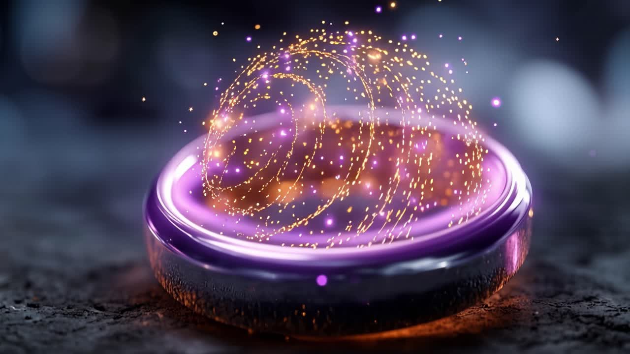 紫色光環脈動著金色火花。閃爍的粒子圍繞其發光的表面旋轉。柔和的散景模糊了背景，突顯主體。神秘的光芒暗示著隱藏的力量或魔法。