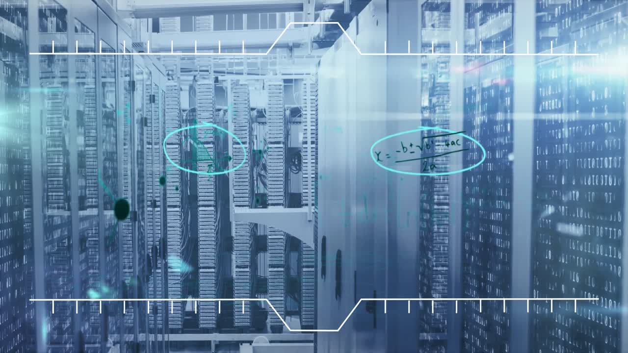 Mathematical equations against empty server room