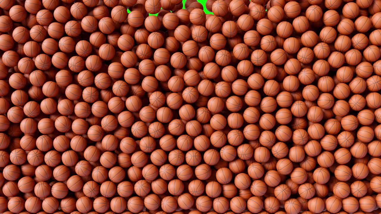 농구 공이 위에서 떨어지고 화면을 채우고 농구 공의 배경 패턴 텍스처가 녹색 화면에 나타납니다.