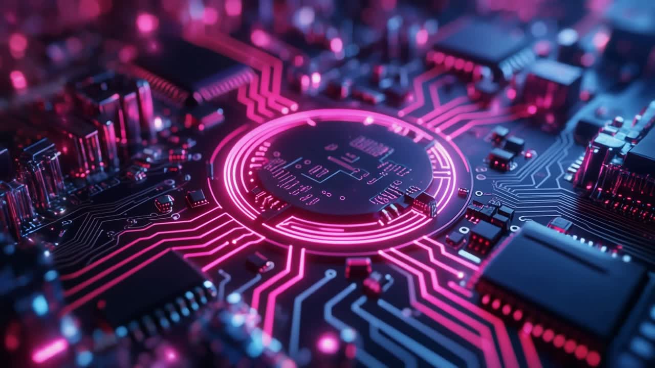 Nærbillede af glødende digitalt printkort med processor