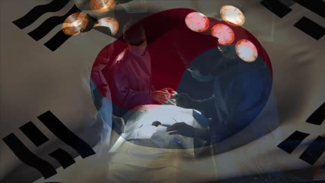 animación de la bandera de corea del sur ondeando sobre los cirujanos en el quirófano