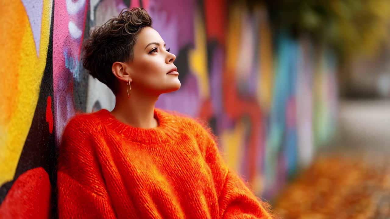 A Serene Moment: A Young Woman in an Orange Sweater Relaxes Against a Colorful Mural, Embracing Tranquility and Self-Reflection Amidst Vibrant Urban Art