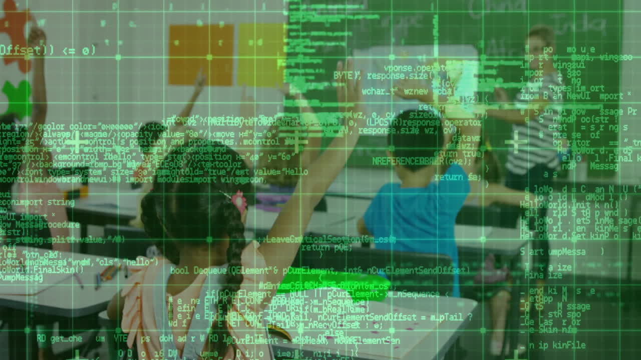 Female teacher guiding two students raising hands under floating code grid in technology classroom
