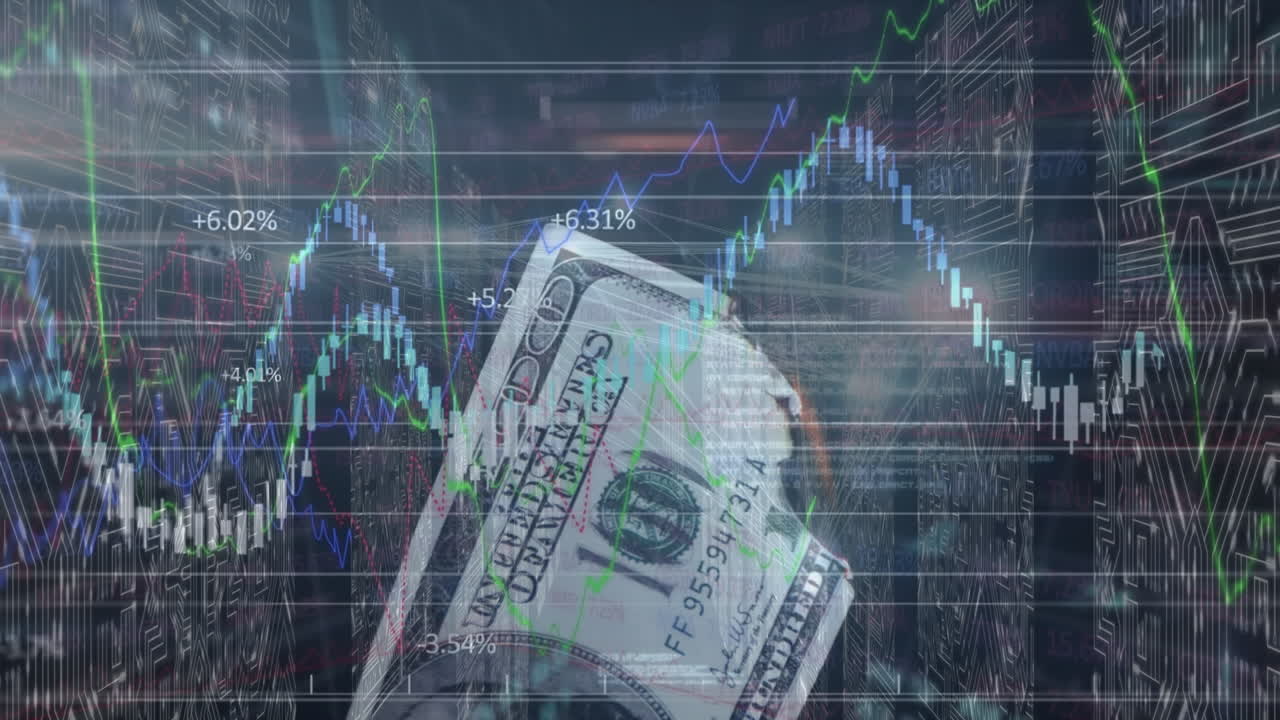 Animation of diverse financial data and graphs over integrated circuits and dollar banknote