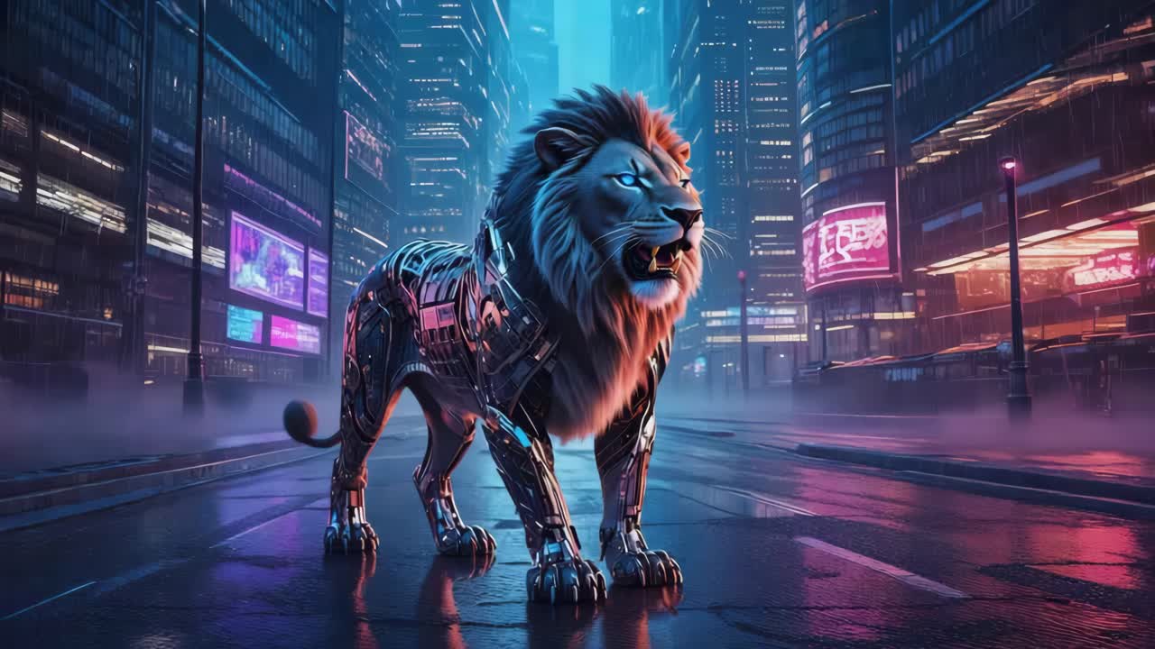 Robotic Lion in a Cyberpunk Cityscape