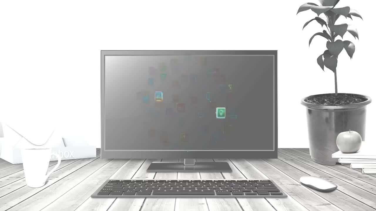 animación de la red de iconos de medios sobre la pantalla de la computadora en el escritorio