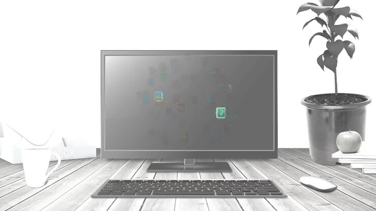 Animazione di una rete di icone multimediali su uno schermo di computer su una scrivania