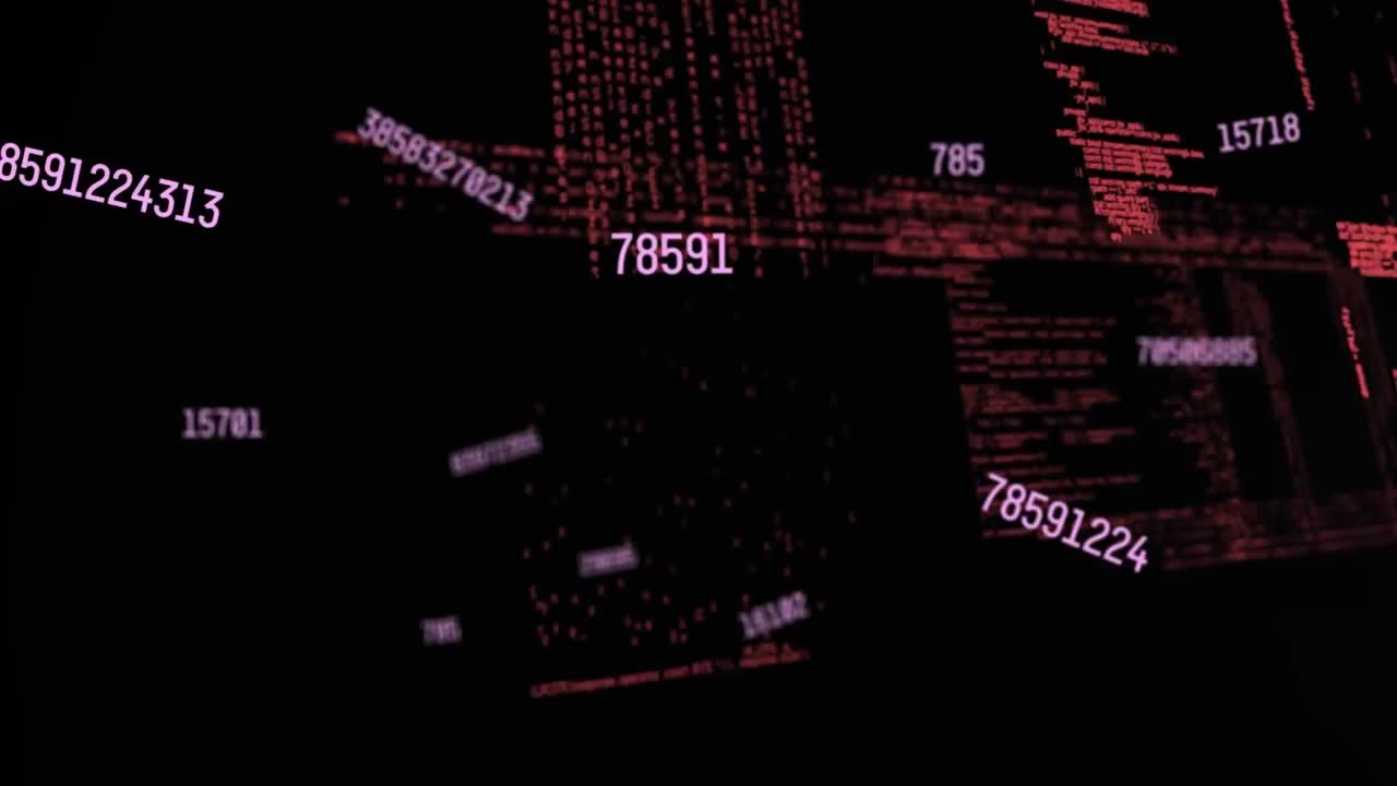 animación de números en movimiento y procesamiento de datos sobre puntos de luz sobre fondo negro