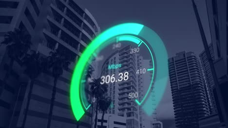 Animation-of-green-speedometer-over-office-buildings