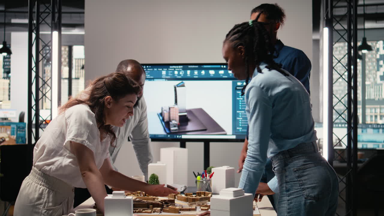 Close up of developers arranging 3D models to explore residential layout