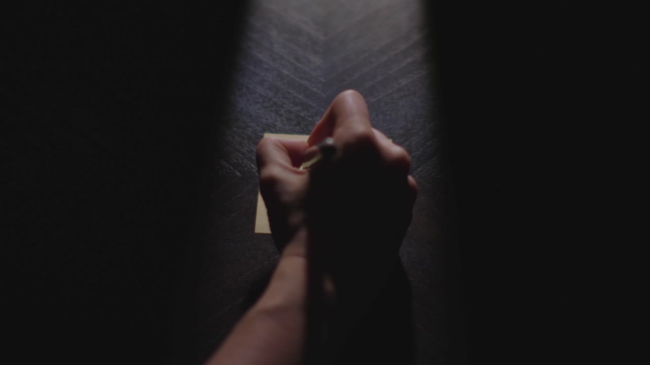 Slow motion close up footage of a hand writing out "This month" on a paper note and placing it on a table. Shot in dramatic lighting for an impressive title or transition
