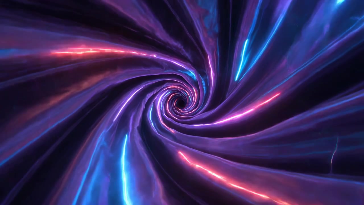 Ciclo che inizia con un tunnel a nastro rotante che si restringe verso un'apertura in un wormhole, con strisce blu e rosa