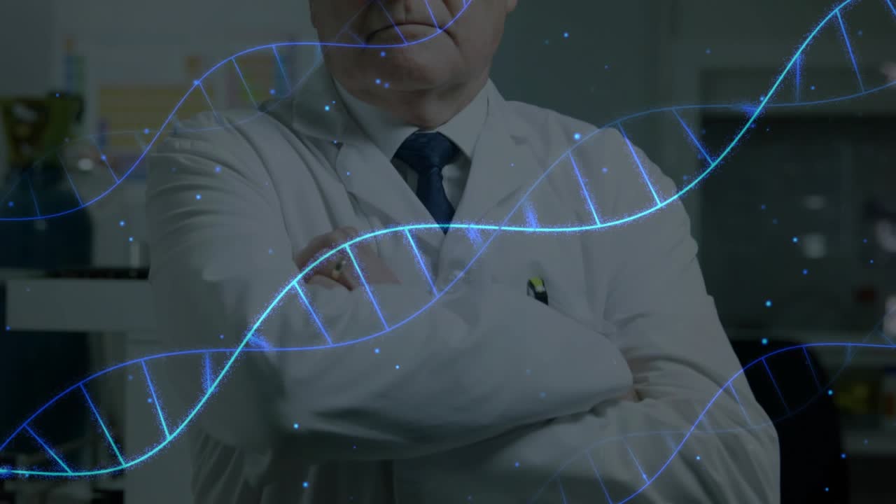 Senior researcher noticing drifting DNA helix in R and D lab, adjusting sleeves for confident stance