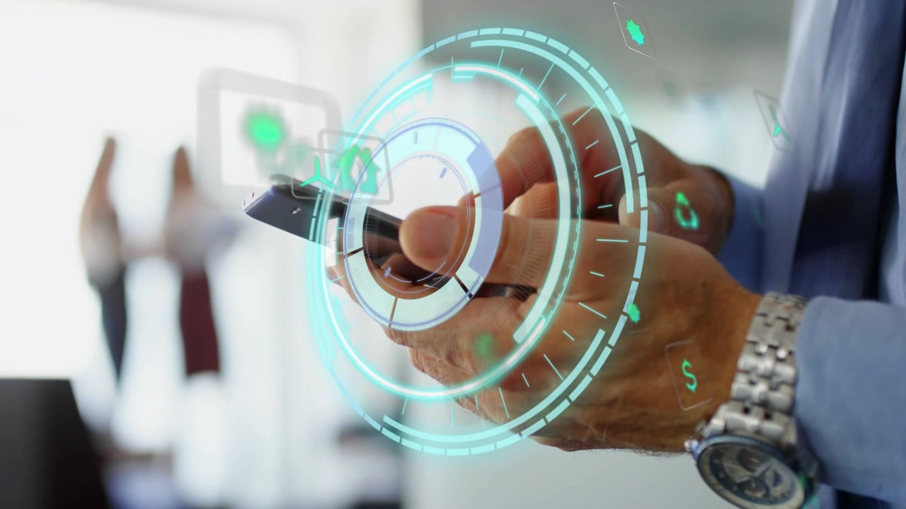 Glowing HUD appearing, hands manipulating smartphone, tapping and swiping, selecting menu in office