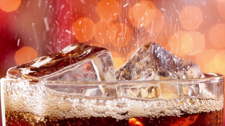 Glass of cola. Ice cola with splashing bubbles slow motion on a blurry light ,blurry background.