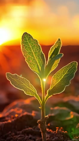 a small plant is growing in the desert. the sun is setting in the background, casting a warm glow on the plant. the scene is serene and peaceful