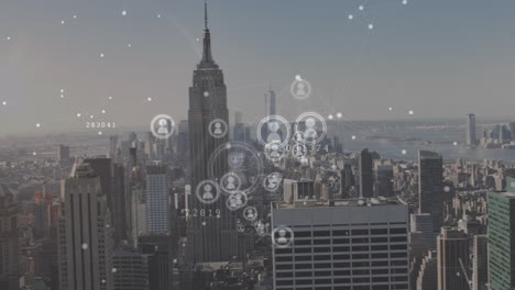 animation of network of connections with icons over cityscape