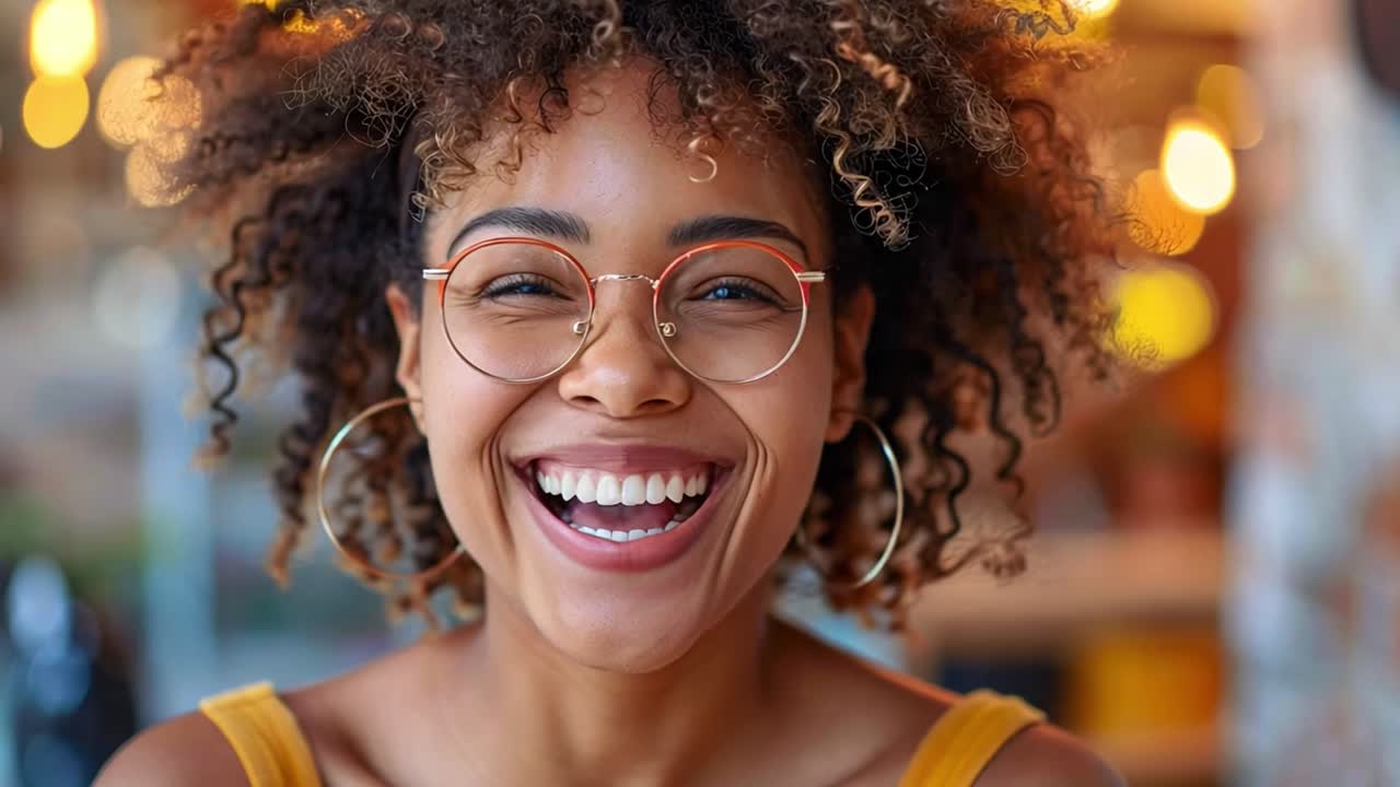A happy young woman with curly hair and glasses smiling brightly