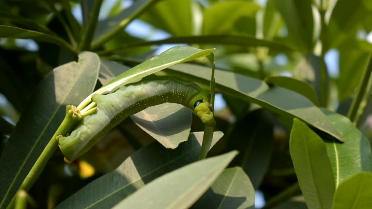 oruga verde camuflada comiendo hojas de cerca