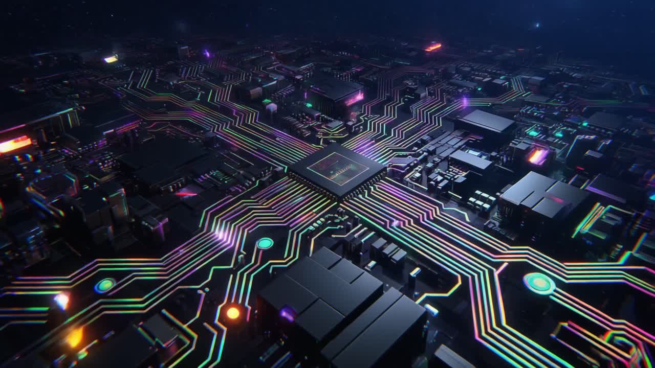 Animeret printplade med glødende processor og datalinjer
