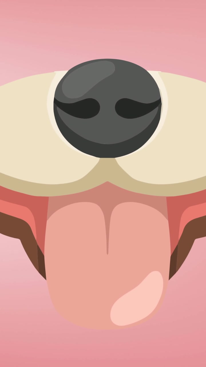 Animazione del muso di un cagnolino domestico con la lingua di fuori, su sfondo rosa.