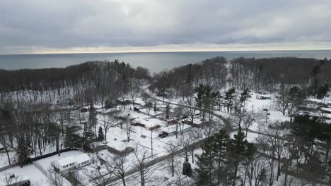 slow turn with drone during soft snowfall in december 2021