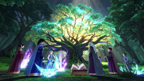 elves gathering around the ancient tree of life