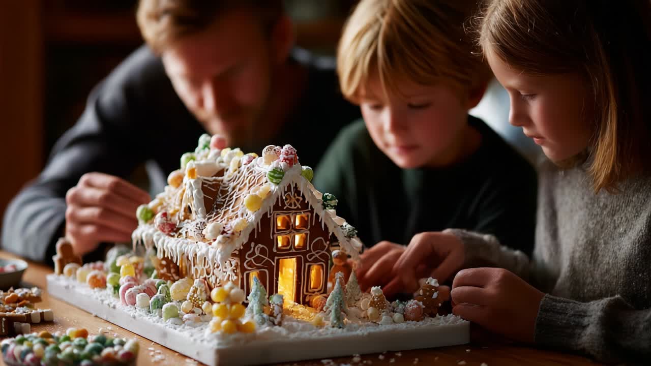 Creating Magical Moments Together: A Heartwarming Family Activity of Decorating a Gingerbread House with Festive Sweets and Delicate Icing to Celebrate the Holiday Spirit of Togetherness and Joy