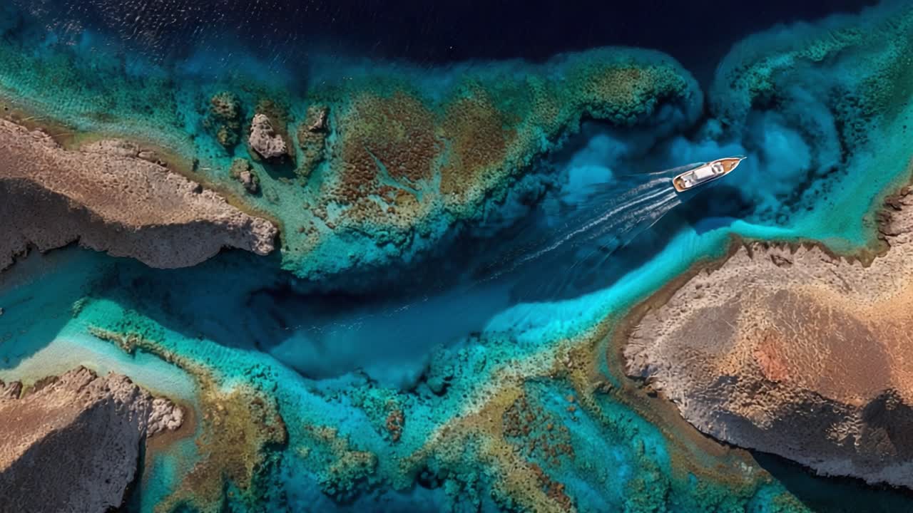 Una vista aérea panorámica de una vía fluvial serena rodeada de vibrantes arrecifes de coral y costas escarpadas, capturando la belleza de la naturaleza desde arriba