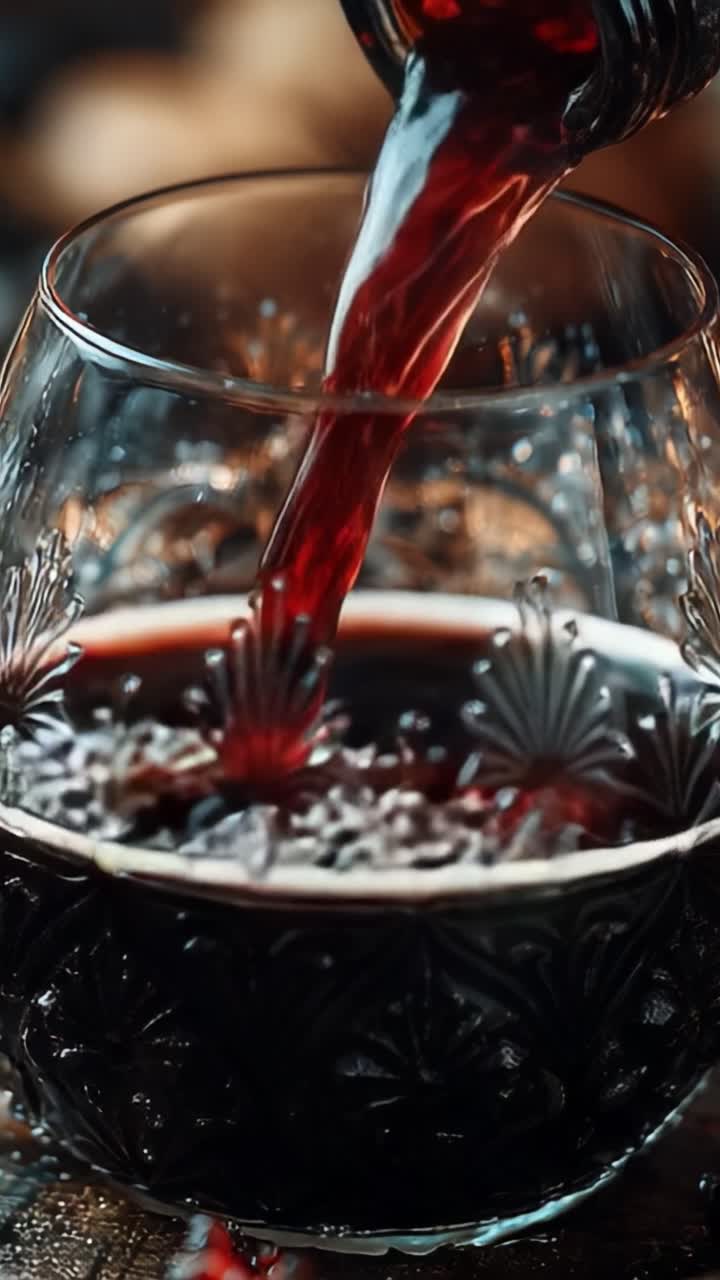 Un elegante versata: primo piano di ricco vino rosso versato in un bicchiere finemente inciso, che cattura l'essenza del lusso e del piacere saporito