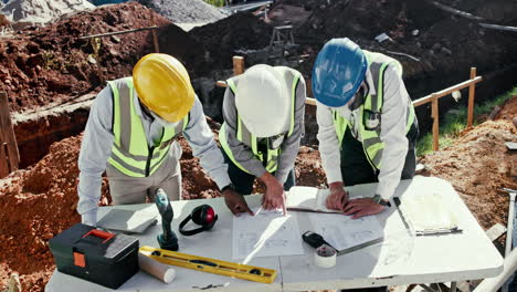 construction workers reviewing blueprints on site