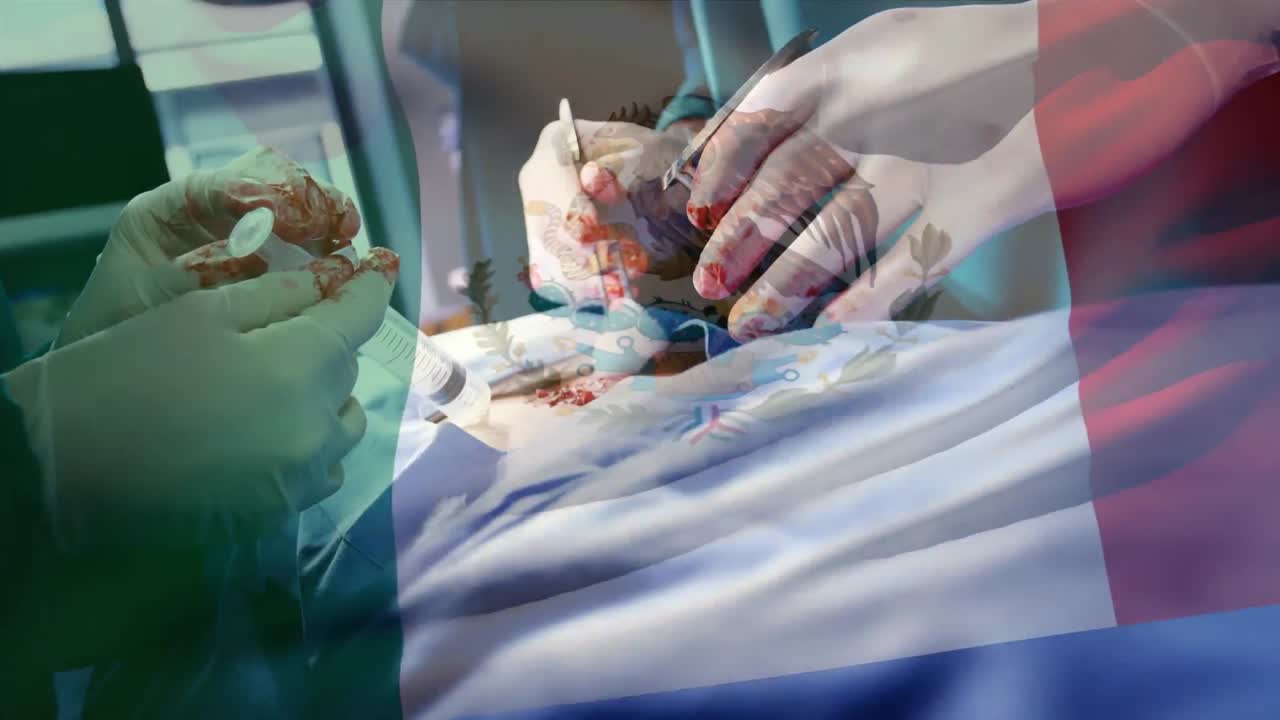 animación de la bandera de méxico ondeando sobre los cirujanos en el quirófano