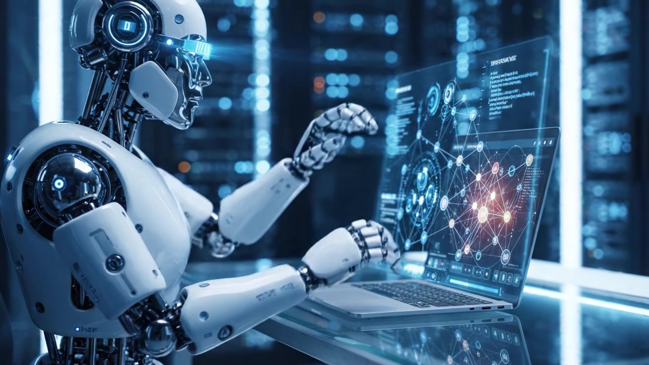 Futuristic Robot Engaged in Complex Data Processing While Interacting with a High-Tech Computer Interface in a Neon-Lit Environment
