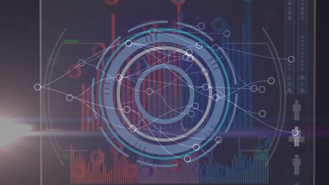 animation of scope scanning and network of connections over data processing on black background
