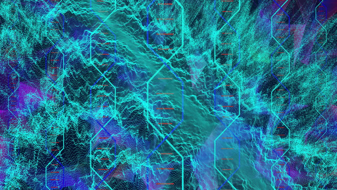 animación de cadenas de adn y formas que se mueven sobre un fondo negro