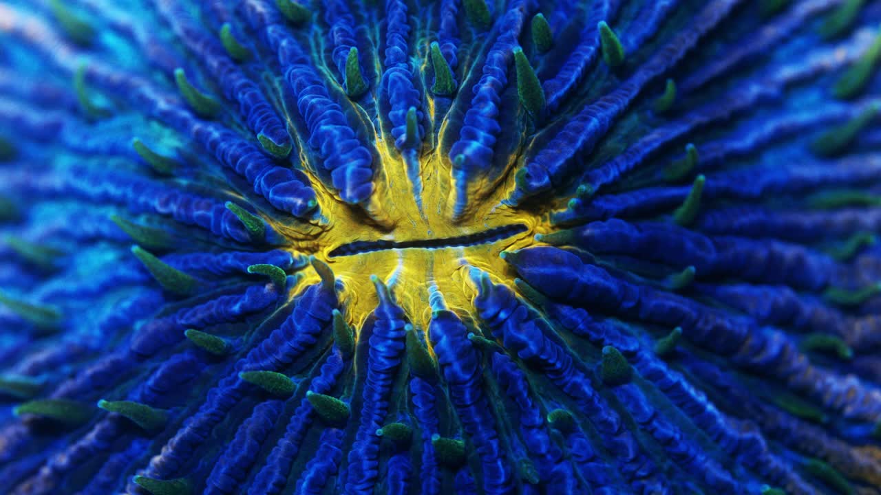 Macro close-up of a Fungia coral featuring blue coloration, yellow center, and greenish polyps under actinic lighting in a reef aquarium.