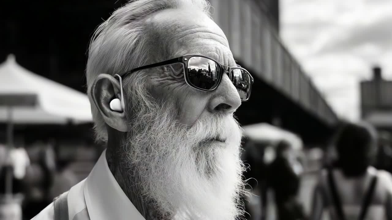 A Thoughtful Elderly Man with Stylish Sunglasses and Earbuds Captured in a Black and White Scene, Reflecting on Life in a Bustling Outdoor Environment
