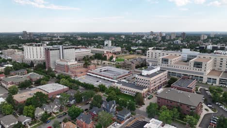 aerial view of medical healthcare district in city park west, denver, colorado