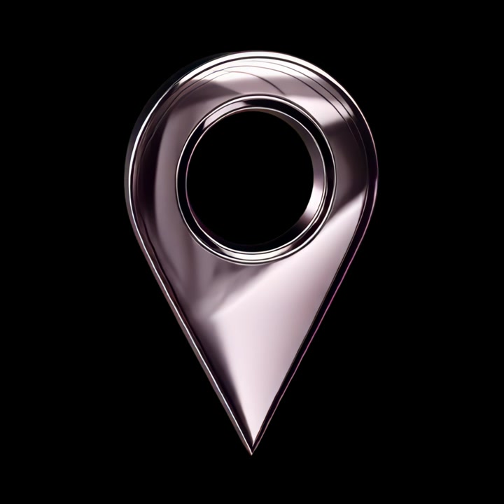 Rotating Metallic Map Pin Location Icon on Black Background