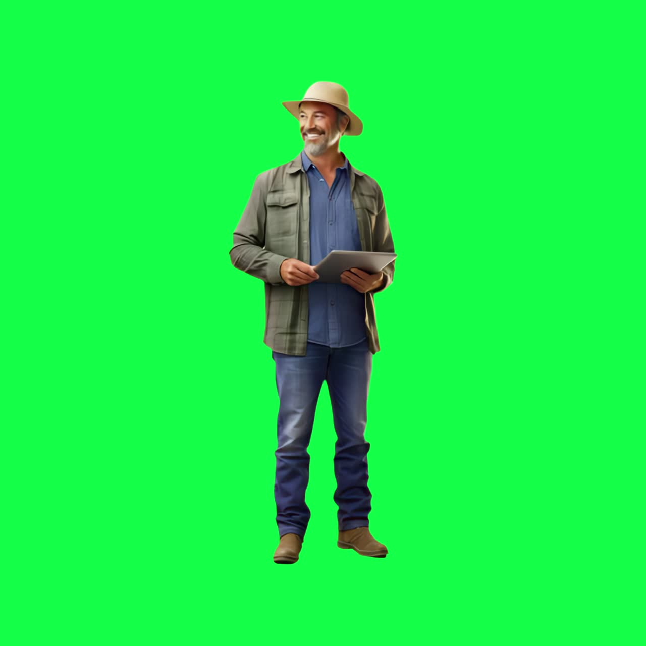 Man reading tablet standing animation, transparent 4K video, green screen