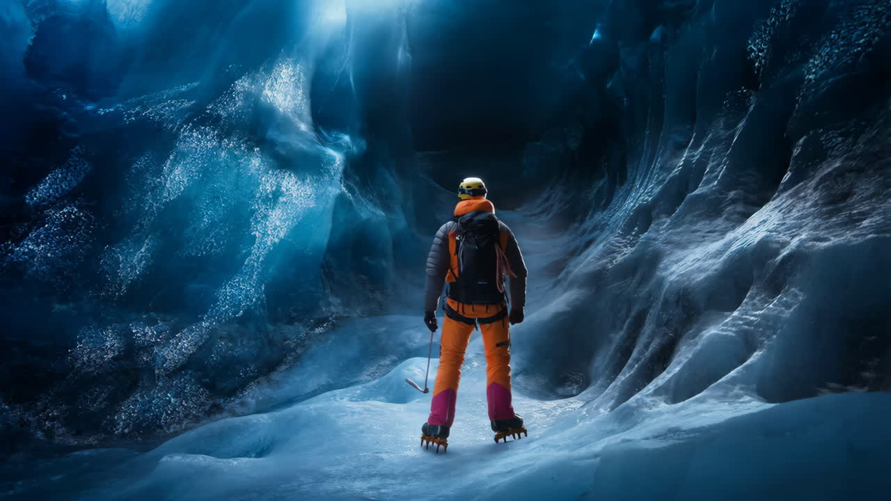 Solo explorer standing in a mesmerizing blue ice cave