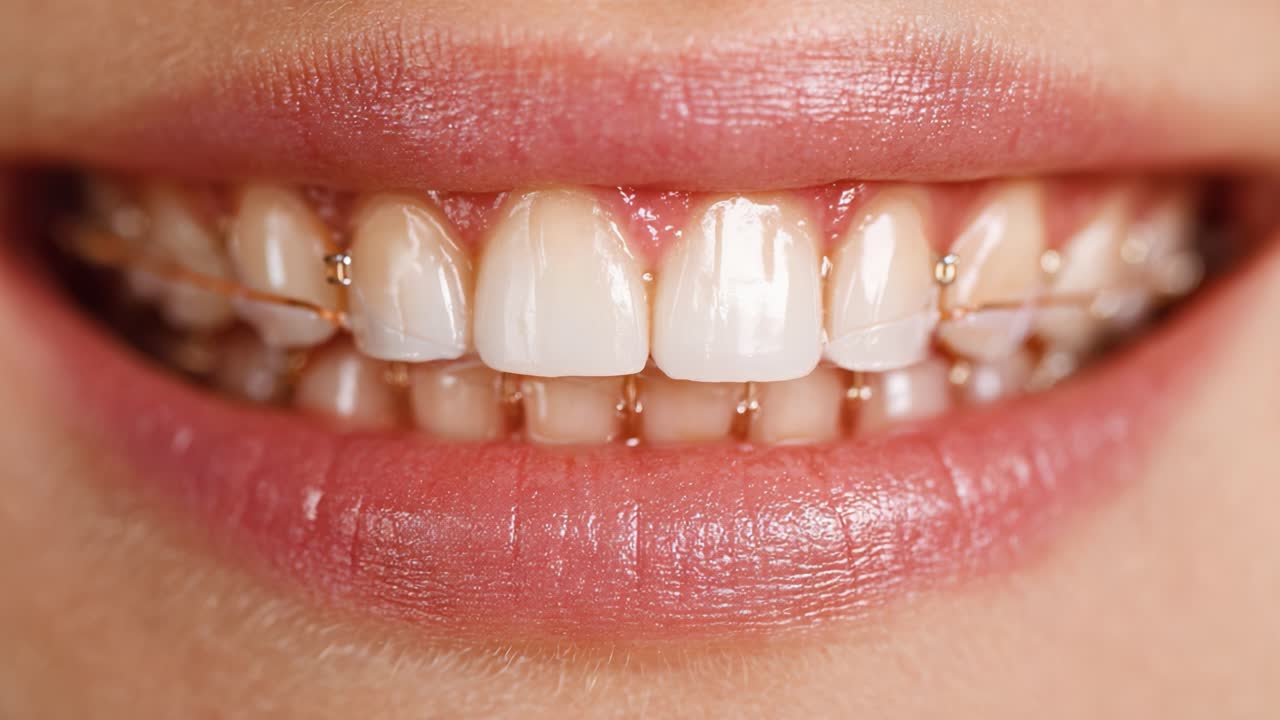 A Close-Up View of Smiling Teeth with Braces, Showcasing Dental Alignment and Oral Care for a Healthy Smile